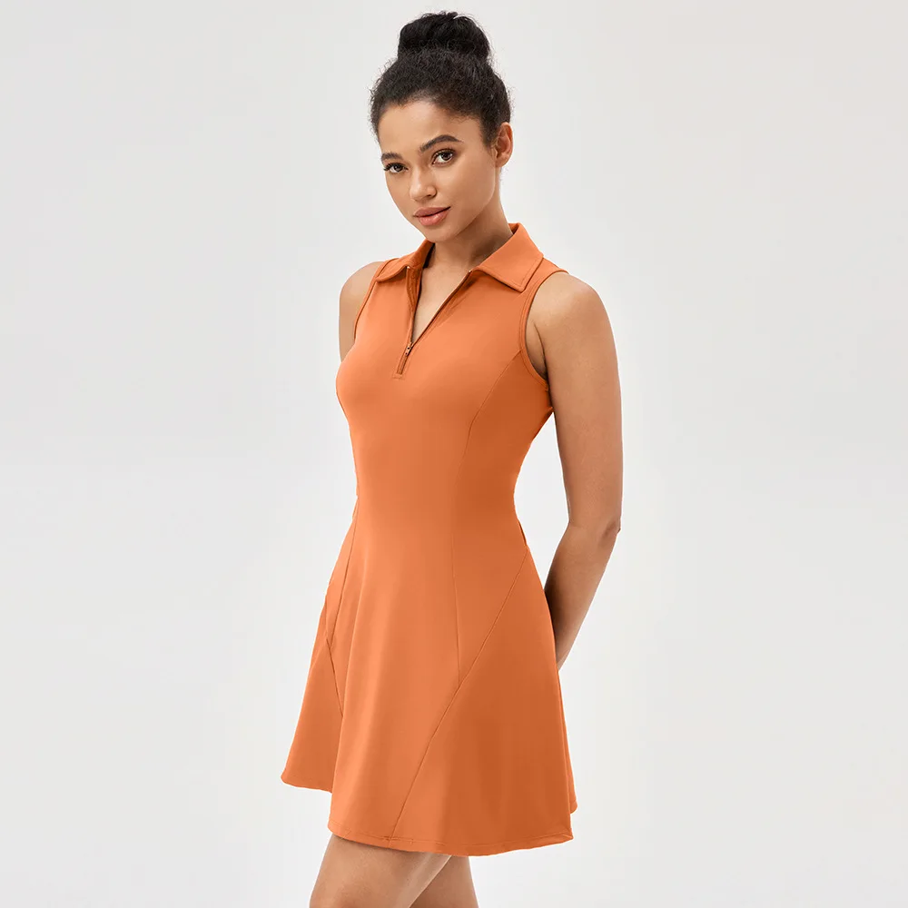 Women One Piece Collared Color Block Tennis Dress Waist Cinched Quick Dry Breathable Fitness Casual Dress