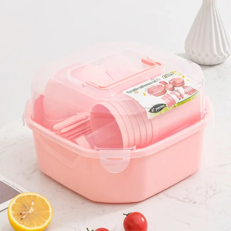 47Pcs Portable Plastic Tableware Set With Picnic Storage Box for Outdoor Camping Picnic Camp Cooking Supplies Outdoor Tableware