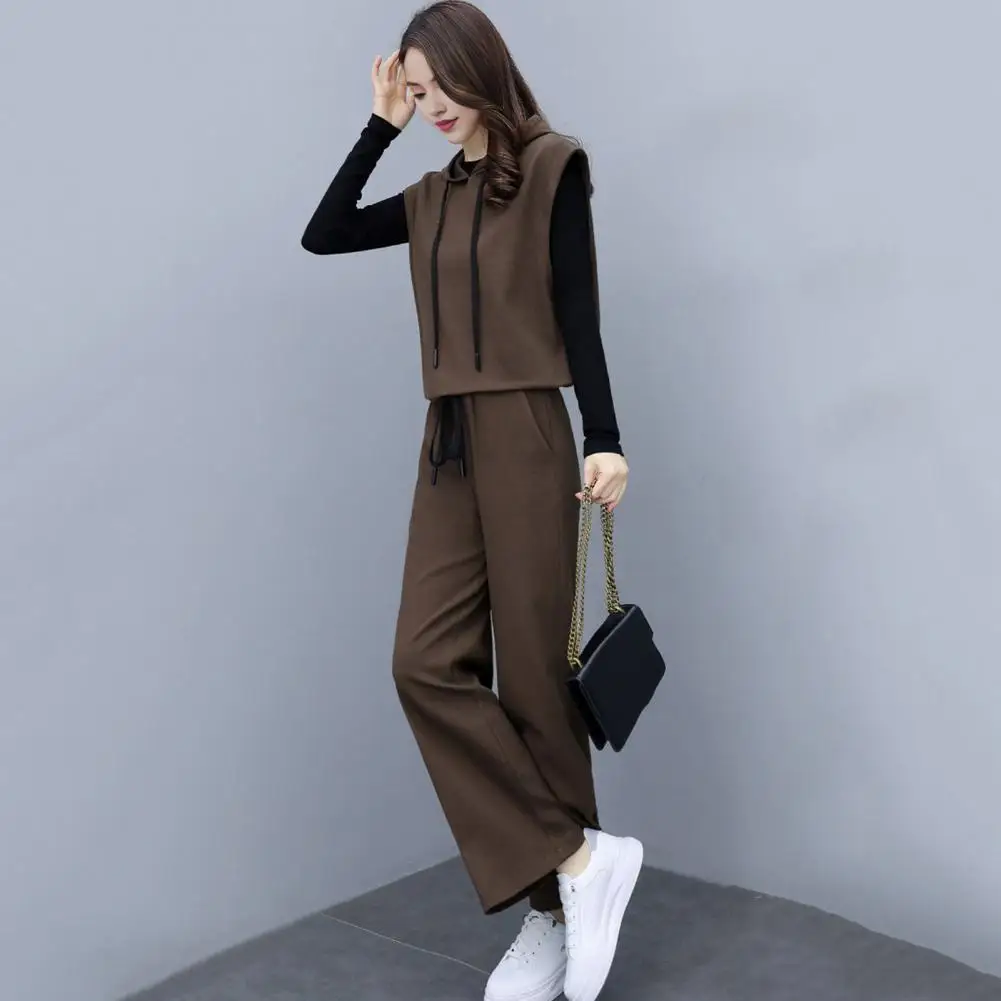 Women Three-piece Suit Stylish 3-piece Women's Outfit Set with Hooded Top Sleeveless Vest Wide Leg Pants for Casual Daily Wear