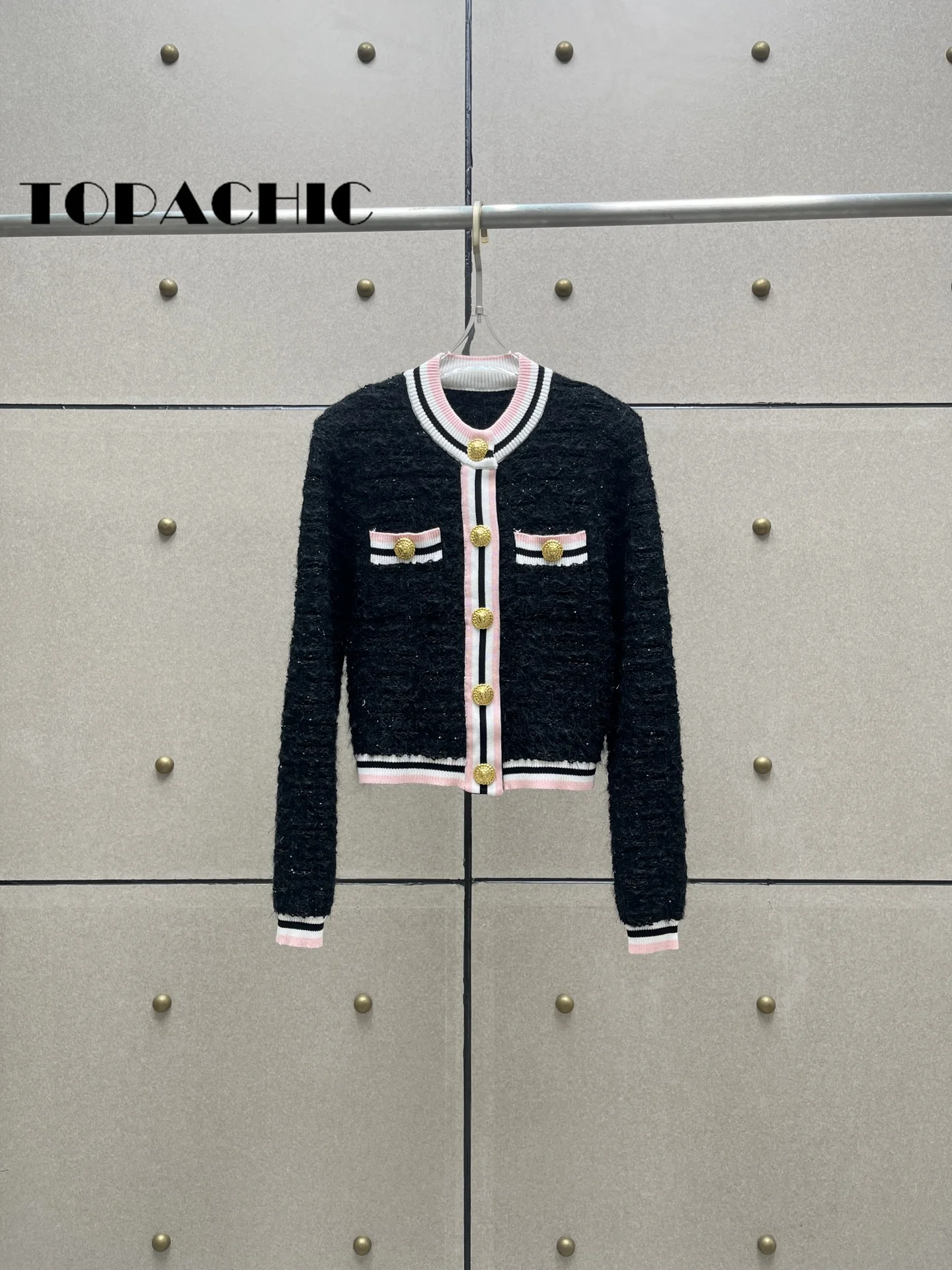 8.29 TOPACHIC-Women Geometri Jacquard Spliced Striped O-Neck Cardigan Or Gold Button Suspender Tank Top Or Short Skirt Knit Set