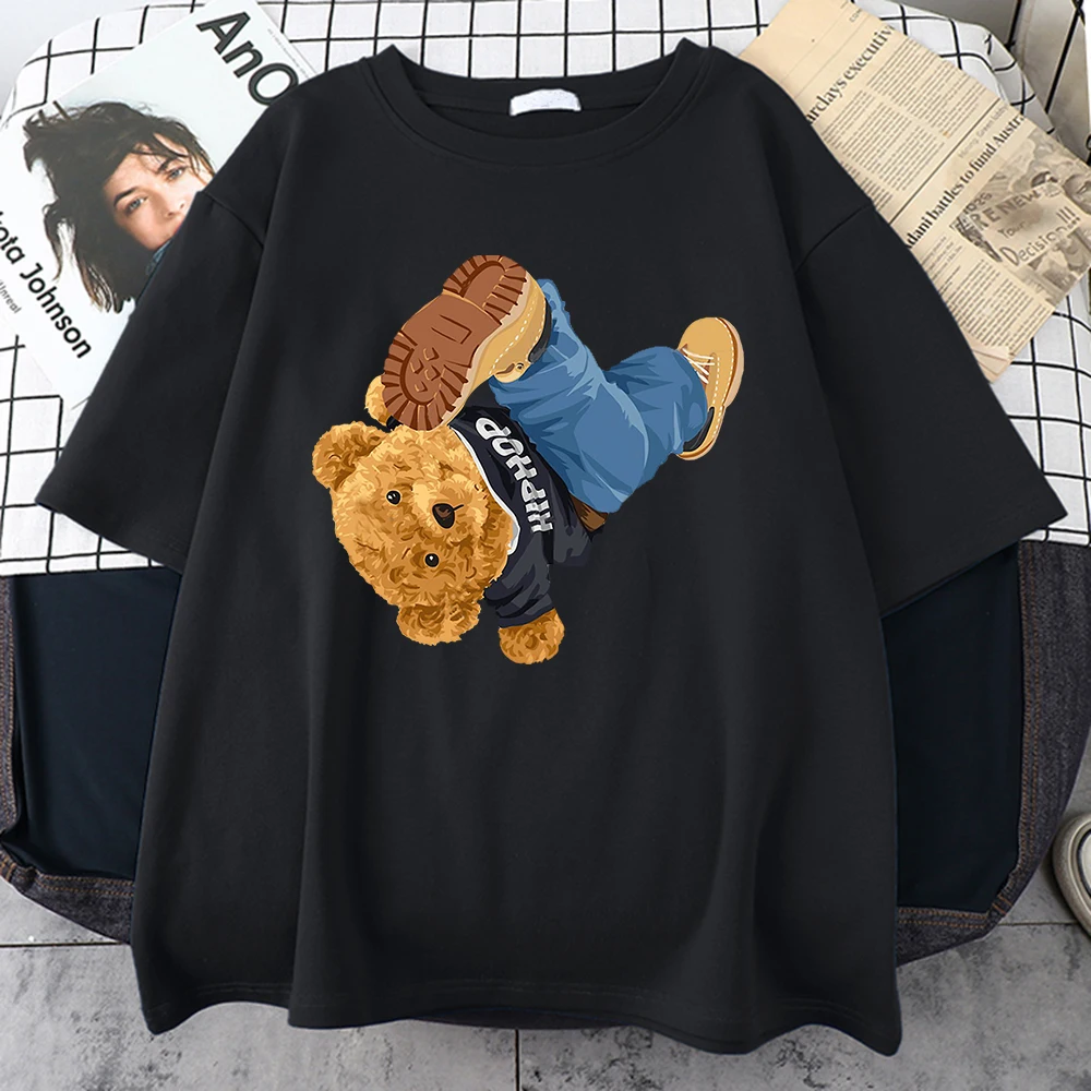 An Upside-Down Bear Print Cotton Tee Top Harajuku Round Neck T-Shirt Individual Creativity Tshirt Harajuku Original Man Tee Top