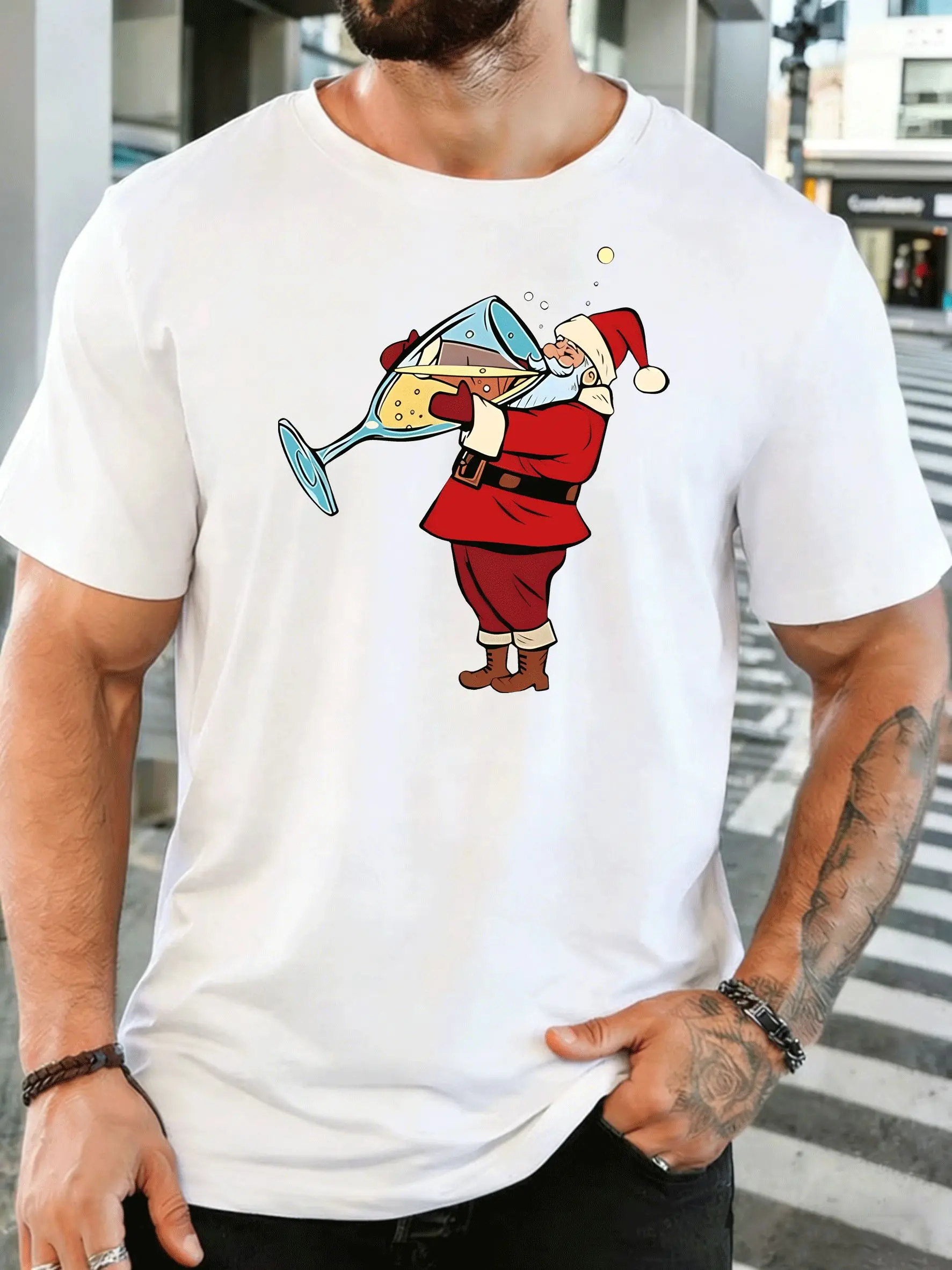 Cartoon Santa Claus Drinking Wine Men Front Print T Shirt Funny Christmas Graphic Tee Casual Short Sleeve Top Holiday Party Gift