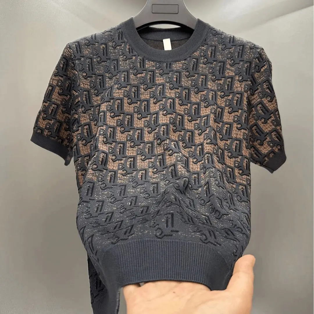 Men's half-sleeved T-shirt fashion summer trend handsome  short-sleeved jacquard knitted sweater new wasteland style