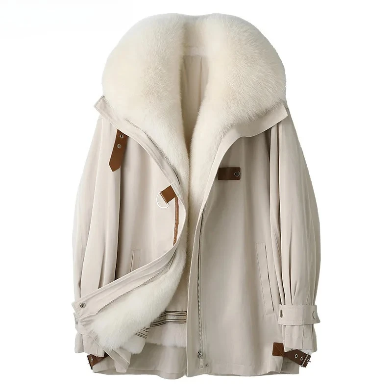 

Rex Rabbit Fur Coat 2025 Real Fur Parka Women Winter Clothes Fox Fur Collar Mid-length Coats for Woman Шуба Женская