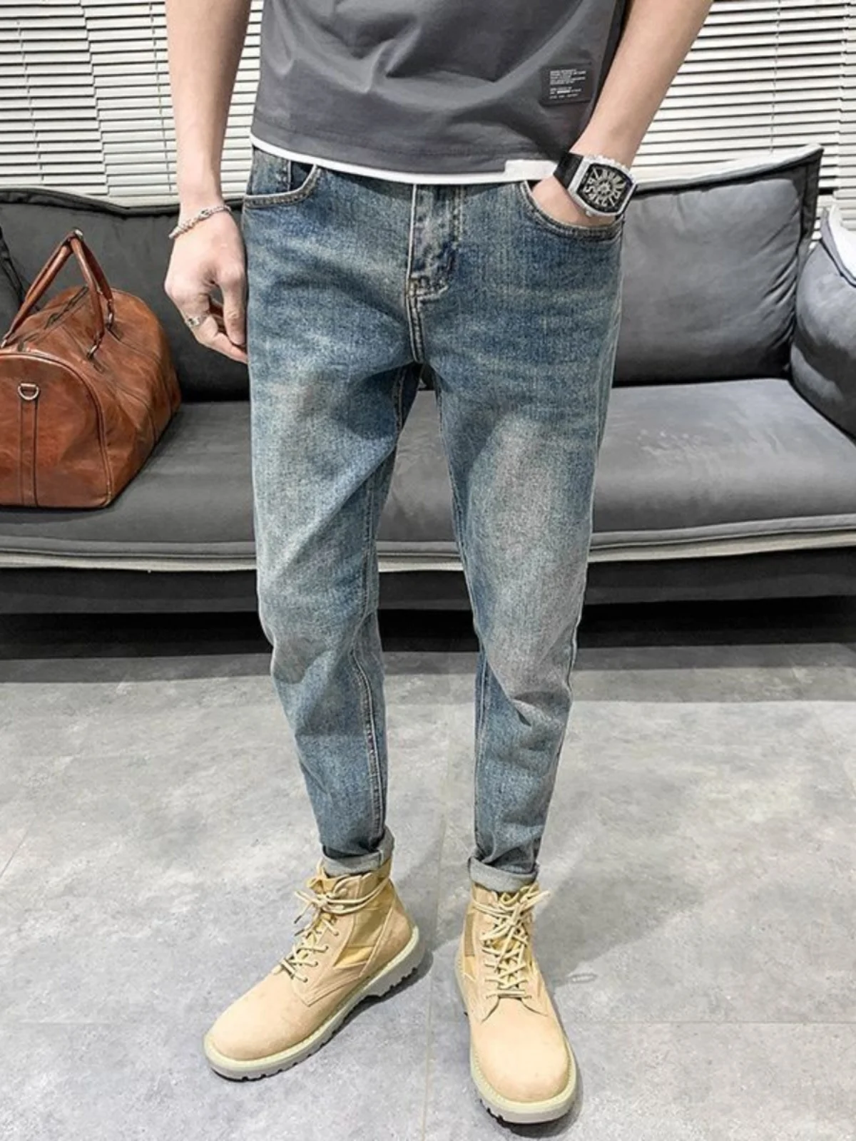 

Retro Faded Nine-Tenths Men's Jeans Elastic Slim Fit Casual Spring Wear Japanese Style Versatile Trendy Brand Long Pants