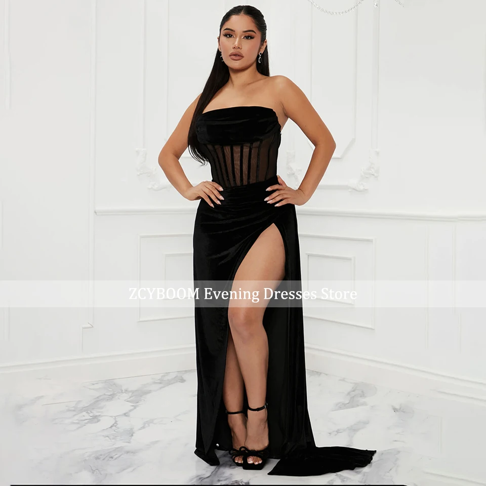 Gaun Prom Ilusi Putri Duyung Beludru Hitam Seksi 2025 Gaun Prom Pesta Klub Kelulusan Anak Perempuan Tanpa Lengan Celah Sisi Tinggi Tanpa Tali