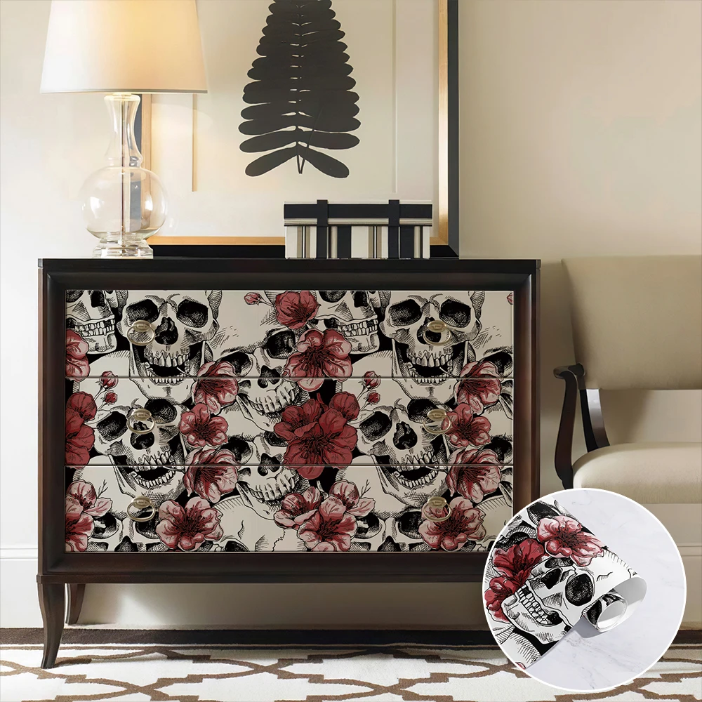 Papel tapiz impermeable de PVC europeo, decoración del hogar, Peal y Palo, flor roja, autoadhesivo, papel tapiz duradero de calavera para Club