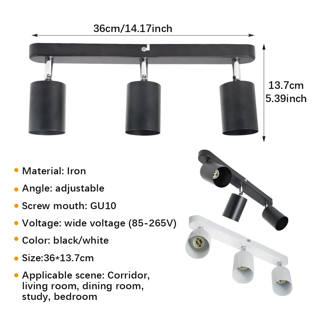 LED Ceiling Lamp Black White 3 Heads Morden Adjustable Angle Spotlight for Bedroom Restaurant Dining Living Room Decoration