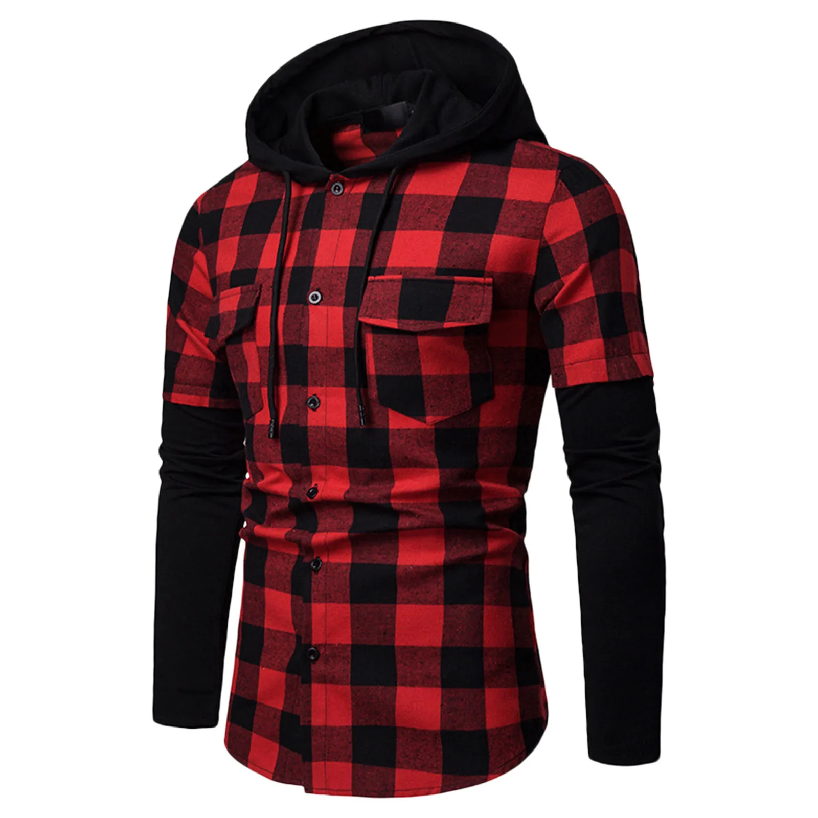 Men\'s Fashion Plaid Hooded Shirt Spring Autumn Casual Slim Fit Pockets Long Sleeve Top Lumberjack Check Shirt Jacket Clothes