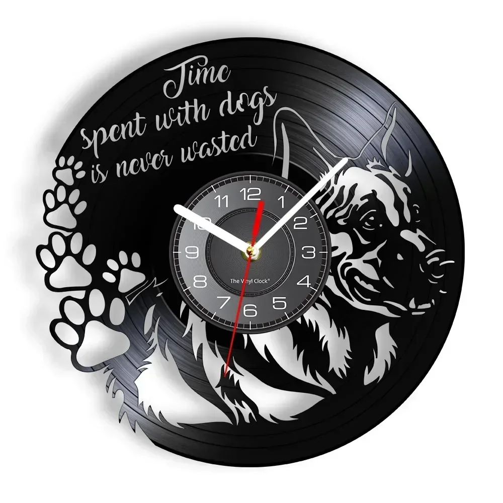 German Shepherd Dogs Vinyl Record Wall Clock Time Spent with Dog Is Never Wasted Puppy Portrait Vintage Art Watch for Home Decor