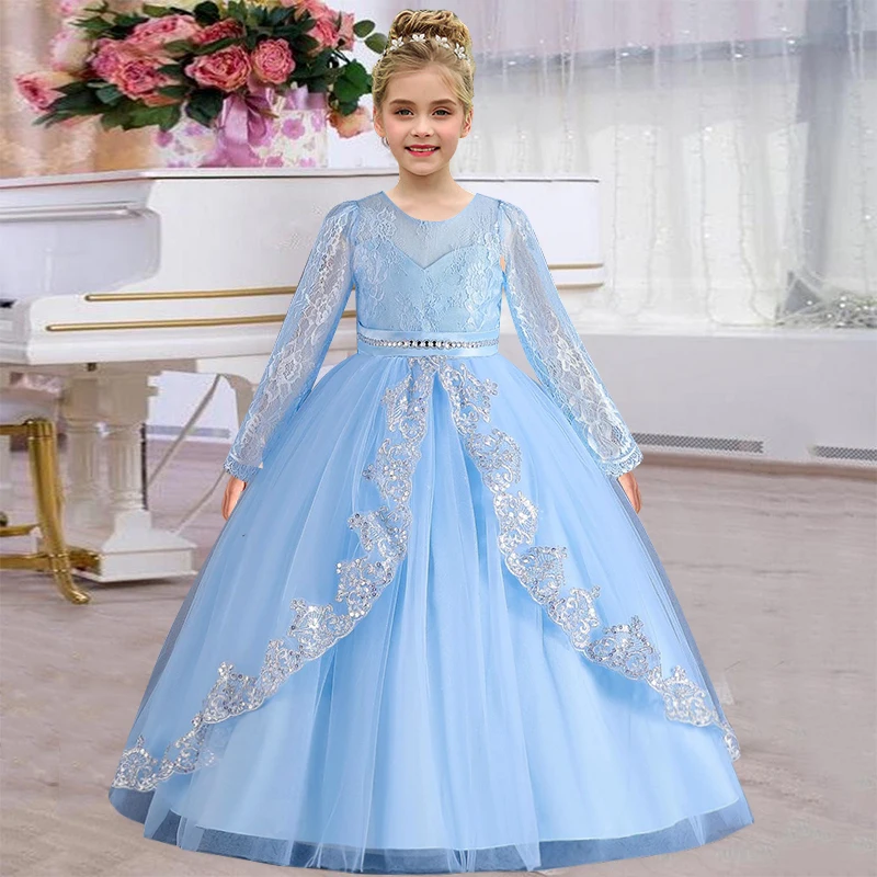 Girls\' New Long Sleeve Sequin Lace Long Dress Birthday Graduation Party Girls\' Wedding Dress Prom Evening Dress 4-12 Years Old