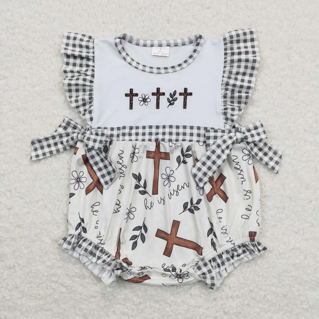 

Wholesale Children Kids Toddler Baby Girl Embroidery Cross Floral One-piece Newborn Easter Plaid Short Sleeves Romper Clothes