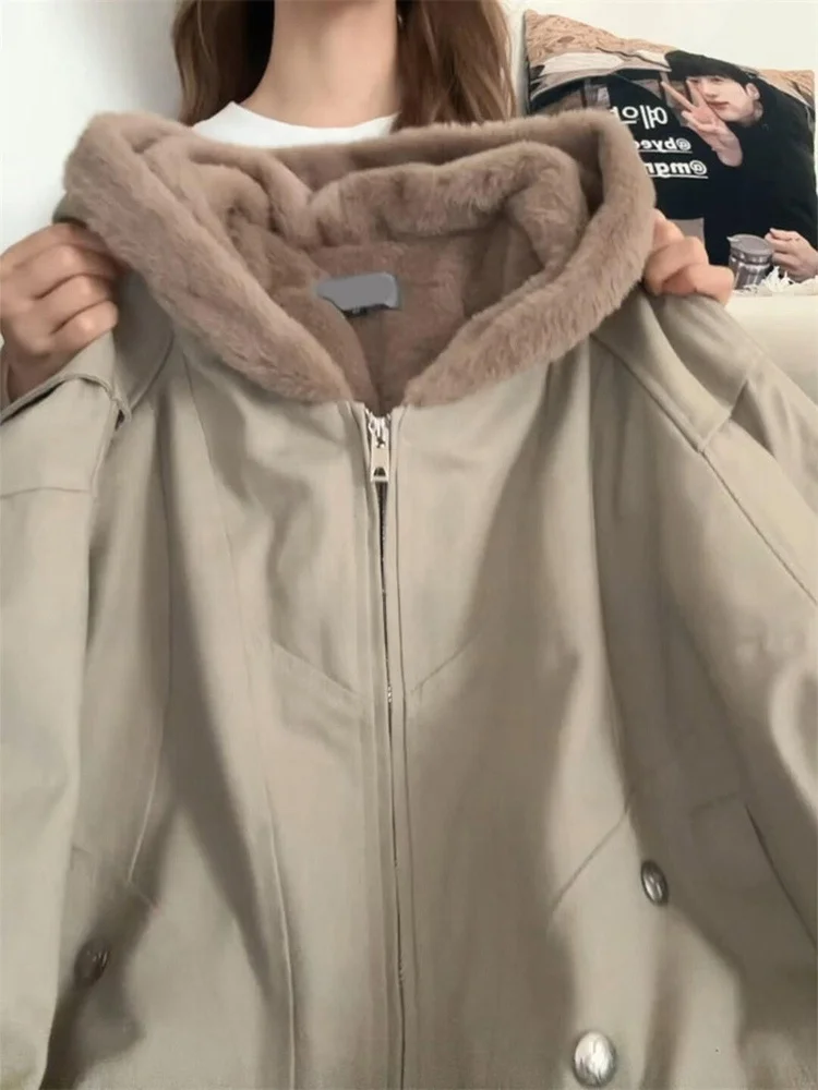 

Retro Street Sle Khaki Heavyweight Hooded Jaet Women's Autumn Winter Loose Trendy Brand High Quali Open Cardigan Coat