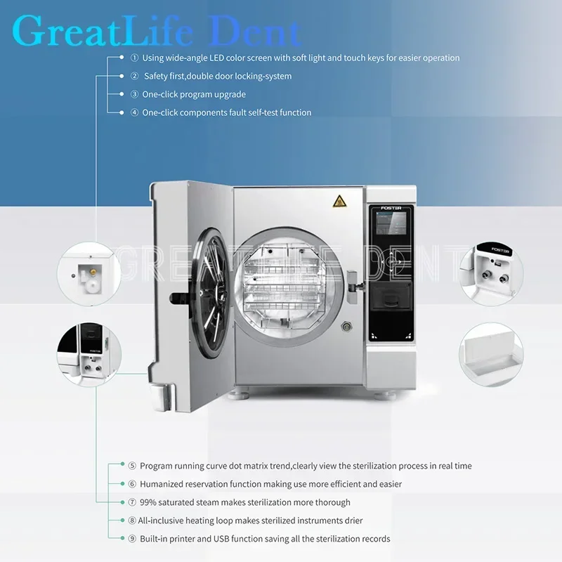 GreatLife Dent Dental Class B Autoclave FOSTER PLUS 8L 12L Surgical Autoclave Steam Sterilizer Disinfecting Cabinet