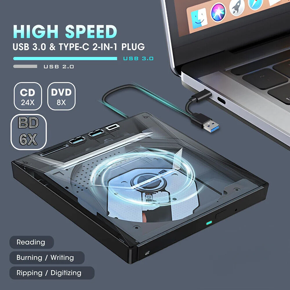 محرك أقراص DVD خارجي 7 في 1 USB3.0، محرك أقراص DVD DVD محمول رفيع للغاية DVD/CD ROM، كمبيوتر محمول/MacBook/سطح المكتب/macOS/Windows10/8/7