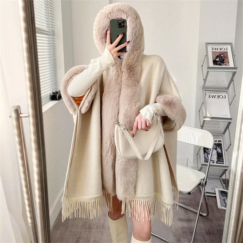 Large Fur Collar Shawl for Women in Winter 2023 Shenzhen European Popular Mid Length Cape Thickened Cape Christmas Year Fur Coat