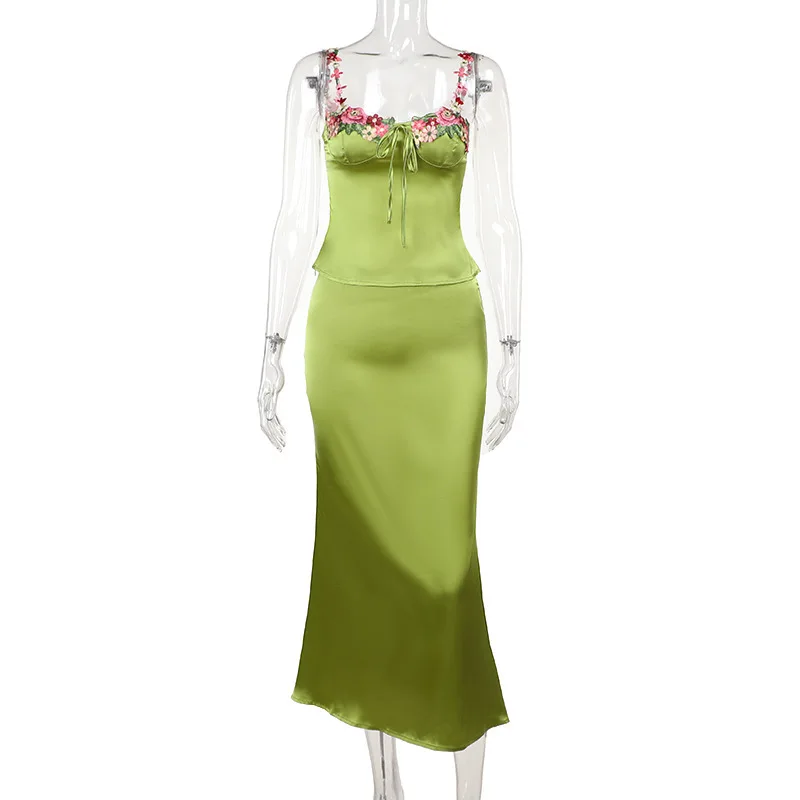 Ensemble de robes de Rhen satin vert avec doublure, robe de soirée en dentelle florale formelle, robe de sirène, robe de soirée en fibre, 2 pièces