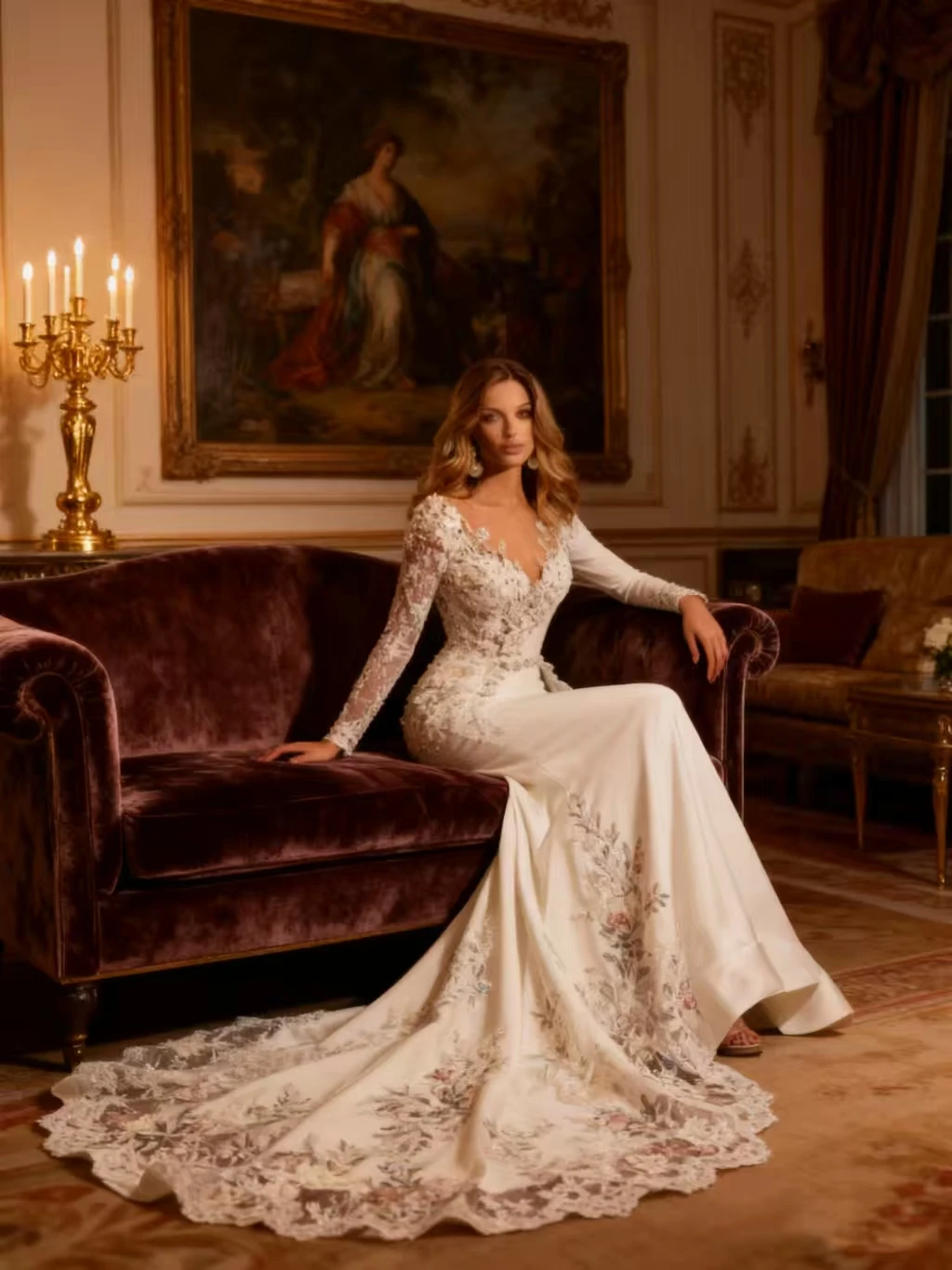 Flavinke Customized V Neck Mermaid Wedding Dresses Long sleeve Pearls Embroidery Detachable Overskirts Vestido De Novia 2025