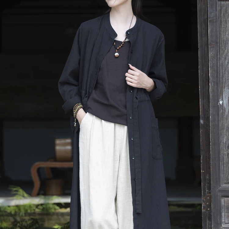 

New 2026 Women's Long Sleeve Cotton Linen Jacket Outerwear Cardigan Spring Autumn National Artistic Style with Waist Cord