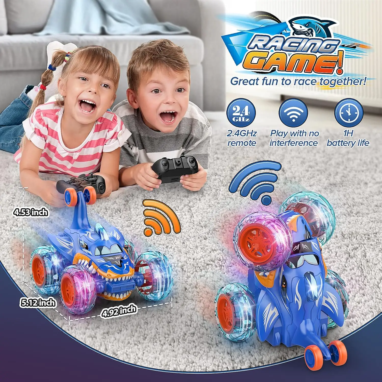 Cool Shark RC Car Toys for Boys 3+:Remote Control Cars -360°Rolling Twister with Lights Outdoor Birthday Gift for KidsToddler