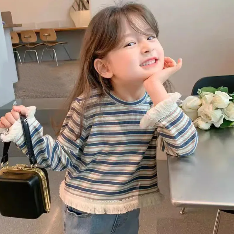 Spring Girls Tops Casual Long Sleeve Striped T-shirts Tees for Kids Girls Sweet Tassel Bottoming Shirts Children Loose Clothing