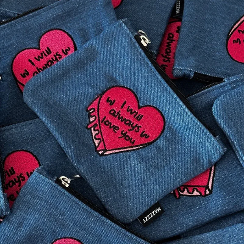 Love Heart Embroidered Denim Coin Purse Cute Mini Lipstick Coin Storage Bag