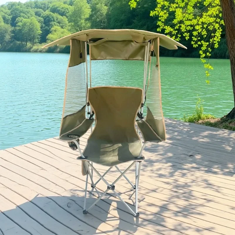 Outdoor Folding Chair with Sunshade, Portable Compact Comfortable Camping Chair for Fishing Beach BBQ Picnic Relaxation