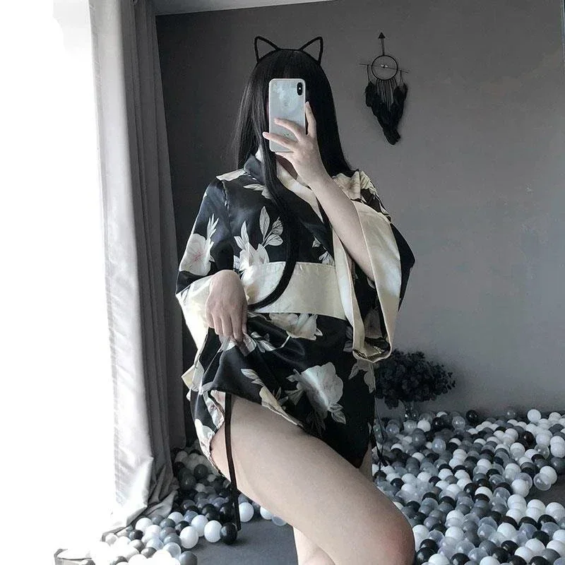 Sexy Lingerie Kimono Dress Japanese Sakura Cardigan Erotic Nightgowns Cosplay Langerie Chinese Retro Cheongsam Maid Outfit 2024