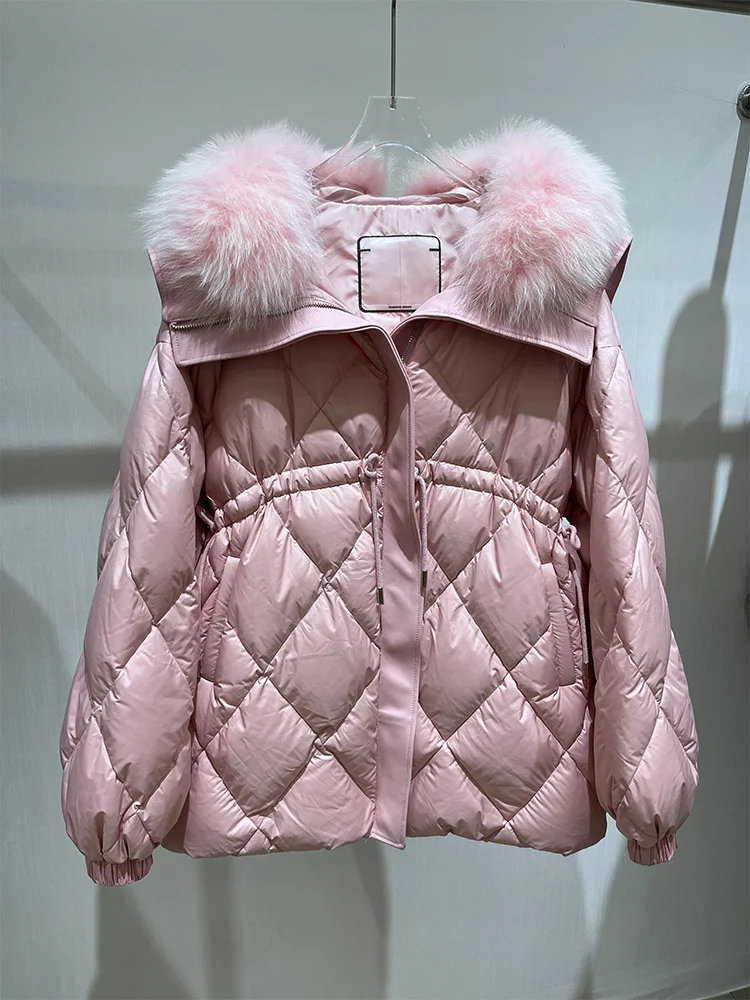 เสื้อแจ็คเก็ตขนห่านแท้สำหรับผู้หญิง ฤดูหนาวปี 2025  คอปกขนสุนัขจิ้งจอกแท้  แบบมีฮู้ด  หนา อุ่น  ทรงหลวม  หรูหรา