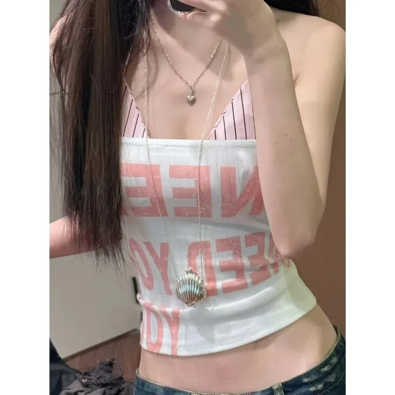 American Spice Girl Letter Printing Sleeveless Tub Top 2025 Summer Striped Neck Suspender Inner Top Two-piece Set