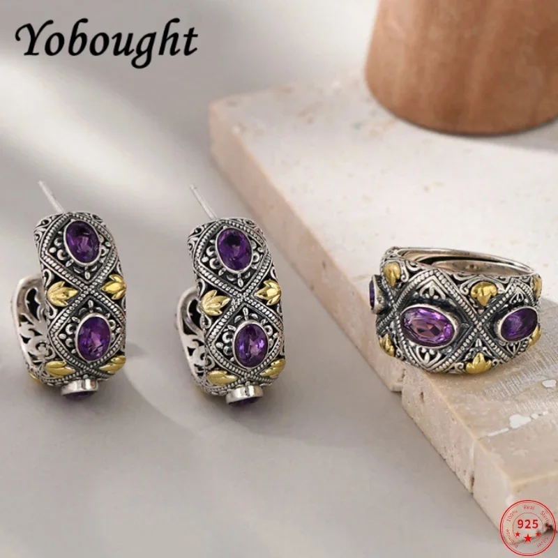 

S925 sterling silver rings for Women New Fashion Palace style luxury pattern amethyst ear-studs earring jewelry free shipping