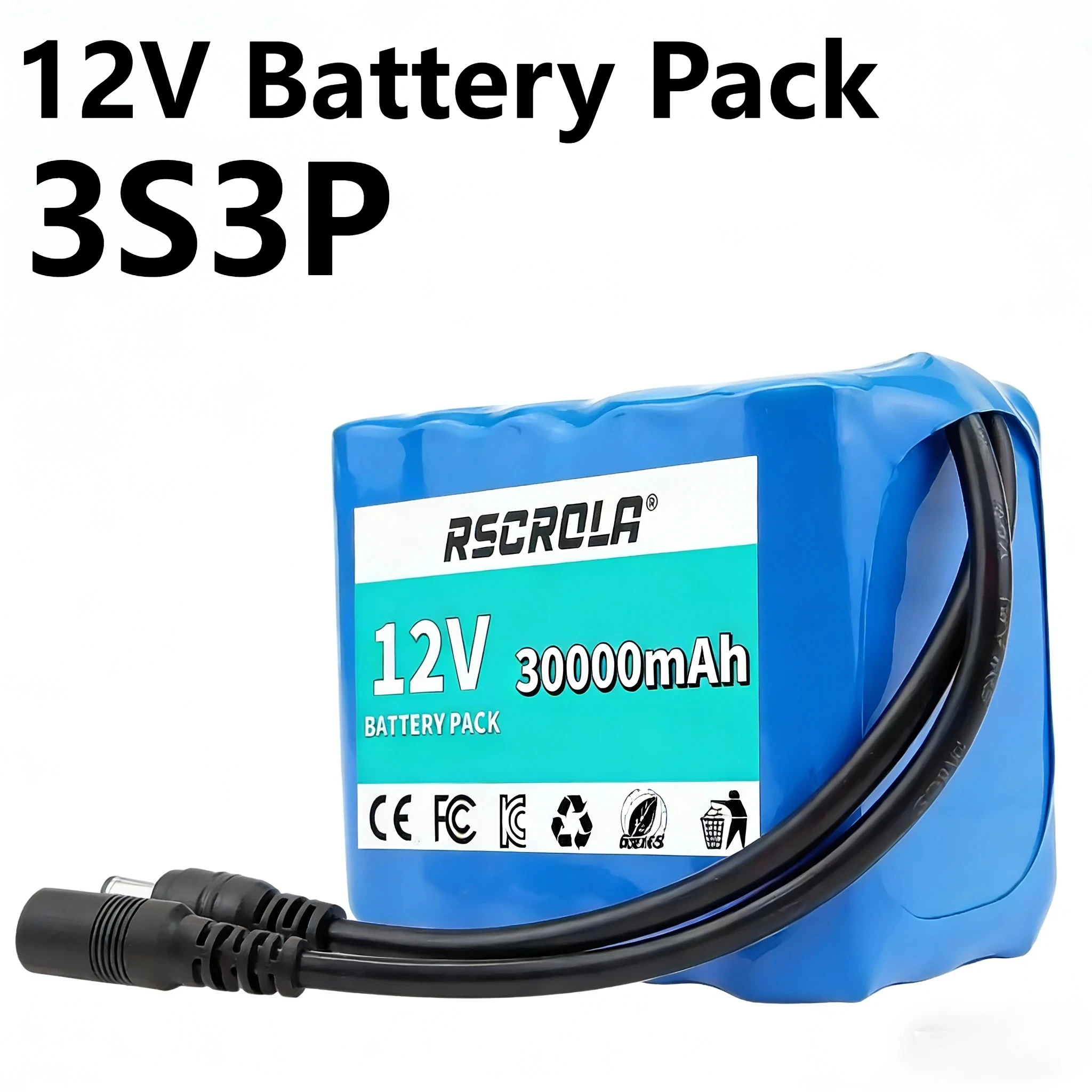 12V 30000mAh 3S3P 18650 Lithium Battery Pack with BMS Protection & 12.6V Charger for Fishing Bicycle Power Supply