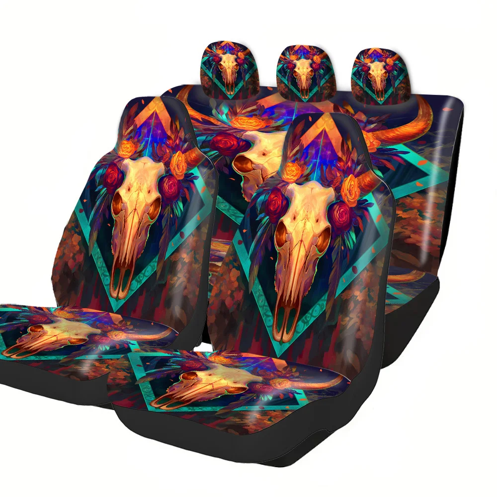 2-5 Seat Set Car Seat Covers Premium Bull Head Floral Covers Fit For Truck SUV Off-road Car Festive Halloween Christmas New Yea