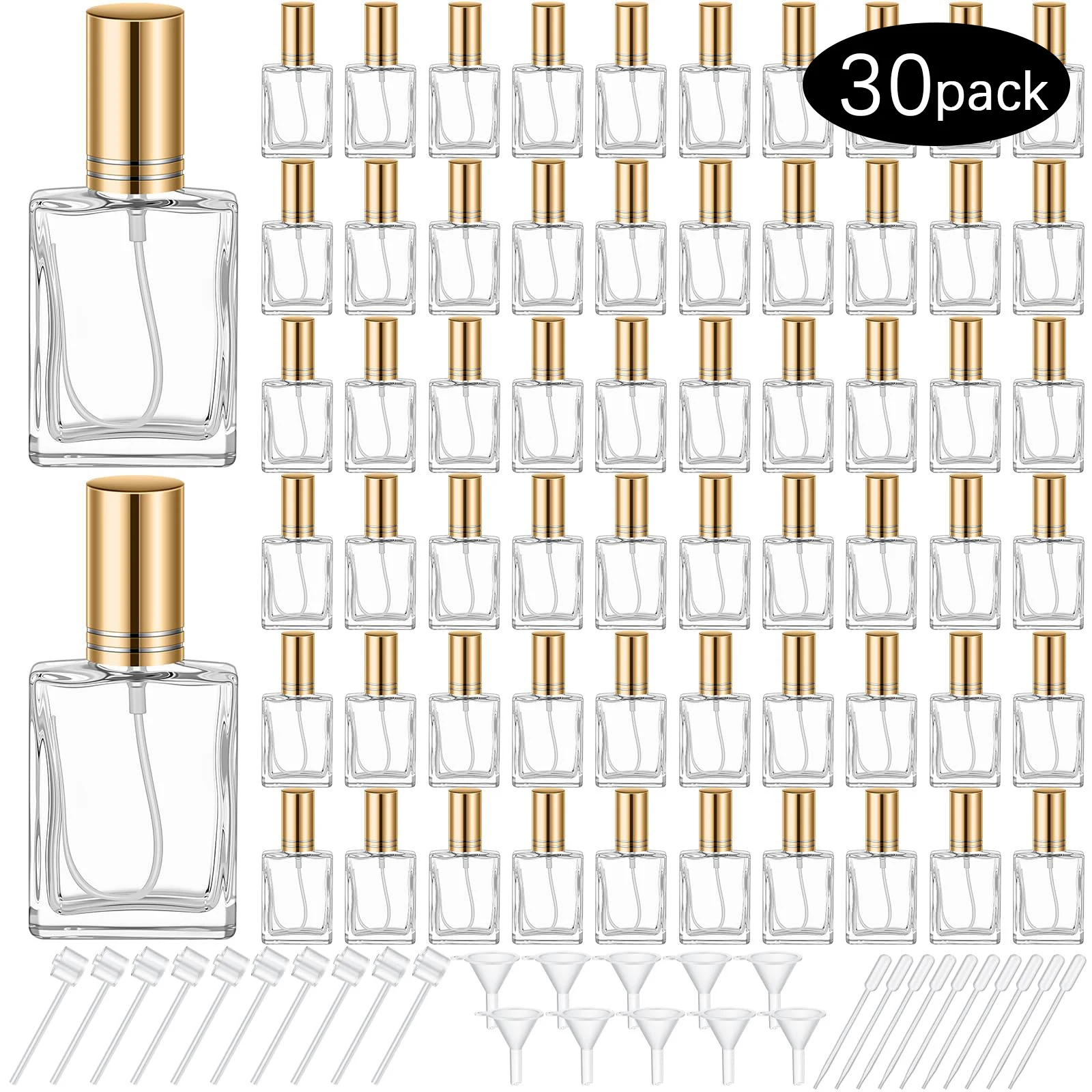

30-piece set, 15ml glass perfume bottle, mini glass empty spray bottle, refillable perfume dispenser container with pump tool
