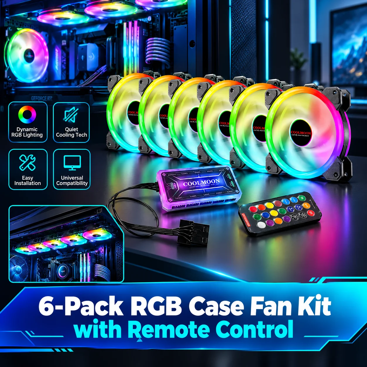 6 ventole di raffreddamento RGB a doppia apertura da 12 centimetri (120 mm) per case PC e componenti hardware, ventola per case con LED a colori vivaci che cambiano colore, unità di raffreddamento con