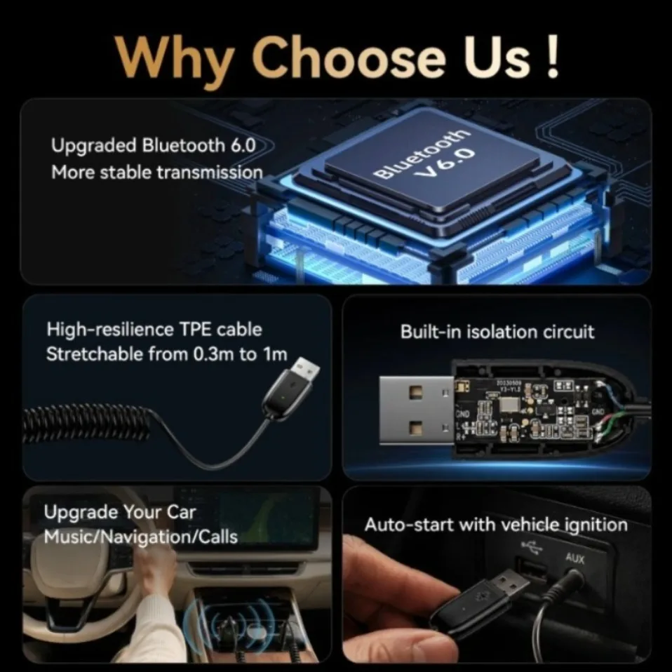 USB Bluetooth 6.0 Receiver Aux Bluetooth Adapter For Car 3.5mm Jack Speaker Auto Handfree Car Audio Music Transmitter