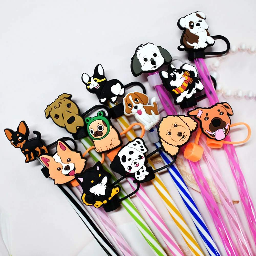 1PCS cute dog pet dustproof straw topper cartoon husky chai gou designs pvc straw cover tip drinking accesorioy fit 8mm straw