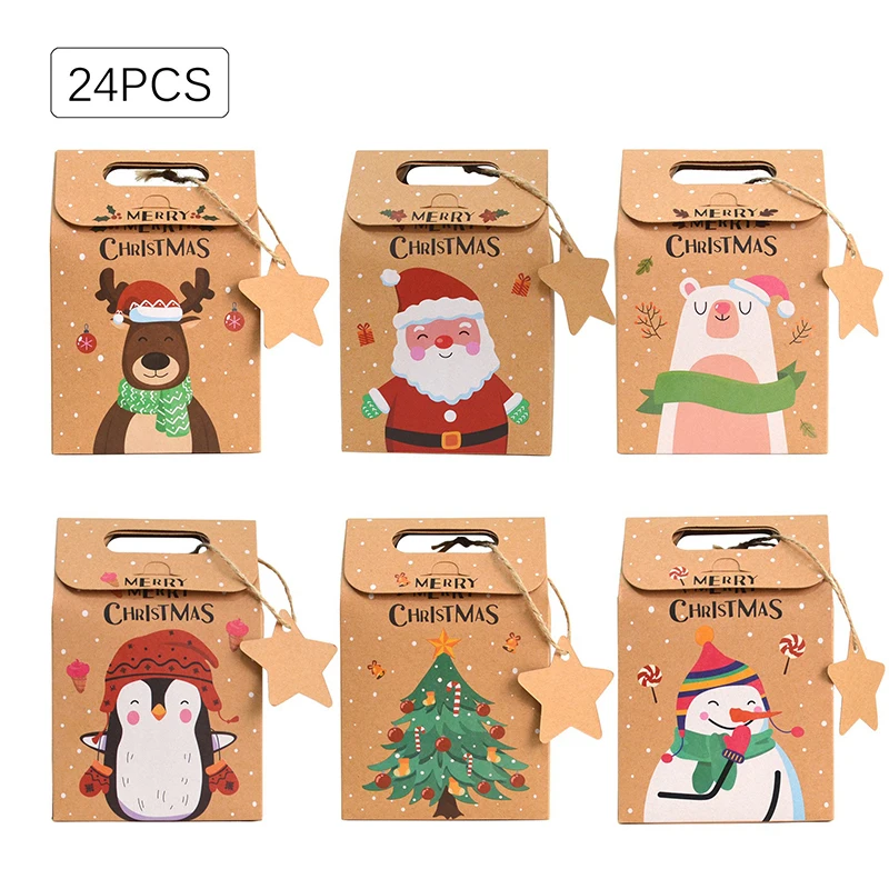 6/12/24Pcs Christmas Candy Gift Box With Tag Kraft Paper Cookie Snack Packing Bags 2024 Xmas Party Home Decoration New Year 2025