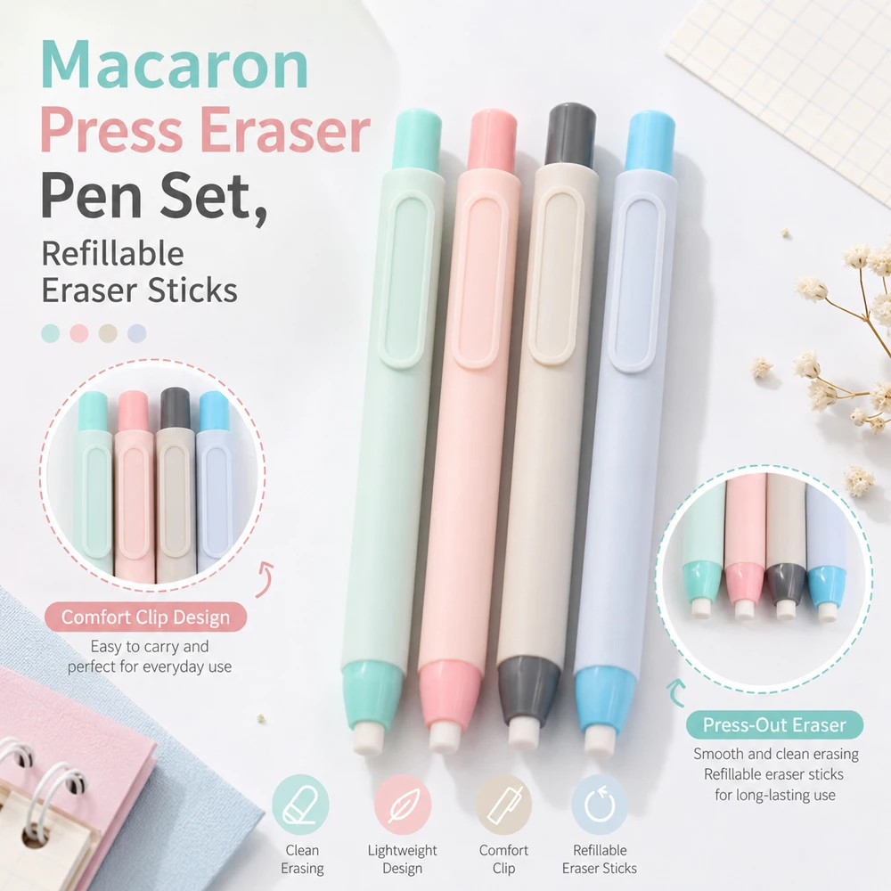Press Eraser Pen Set Creative Pen Shape Press Type Pencil Eraser with Replaceable Core Sketching Painting Writing Erase Supplies