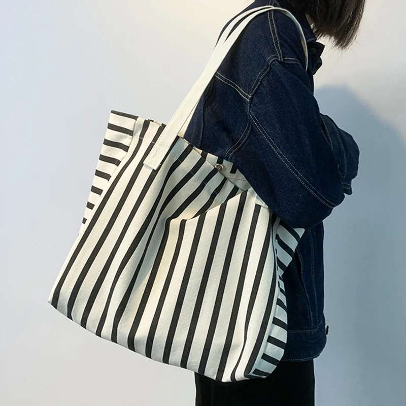 New Beach Tote Bag Fashion Women Canvas Summer Large Capacity Striped Shoulder Bag Tote Handbag Shopping Shoulder Bags ﻿