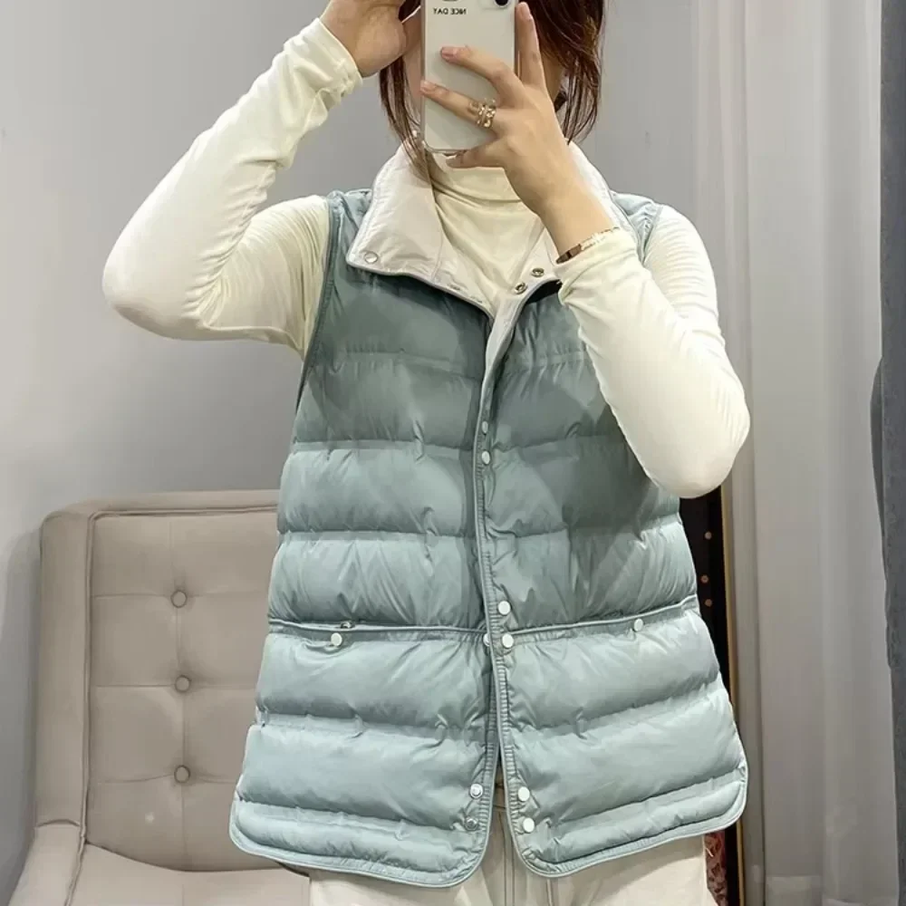 2025 New Winter Ultra Light Stand Collar Waistcoat Seamless Embossed Puffer Gilets Women Short Vest White Duck Down Soft