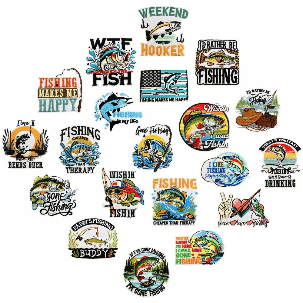 Cartoon Letters Theme Fishing Embroidery Patch DIY T-shirt Backpack Iron on Patches Applique Sewing Cloth Sticker Decor Repair