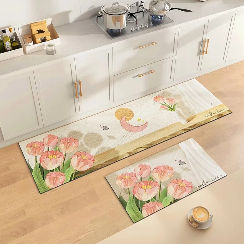 Kitchen Carpet Water-absorbent Oil-absorbent Quick-drying Floor Mat French Oil Painting Flower Art Home Decoration Non-slip Rugs