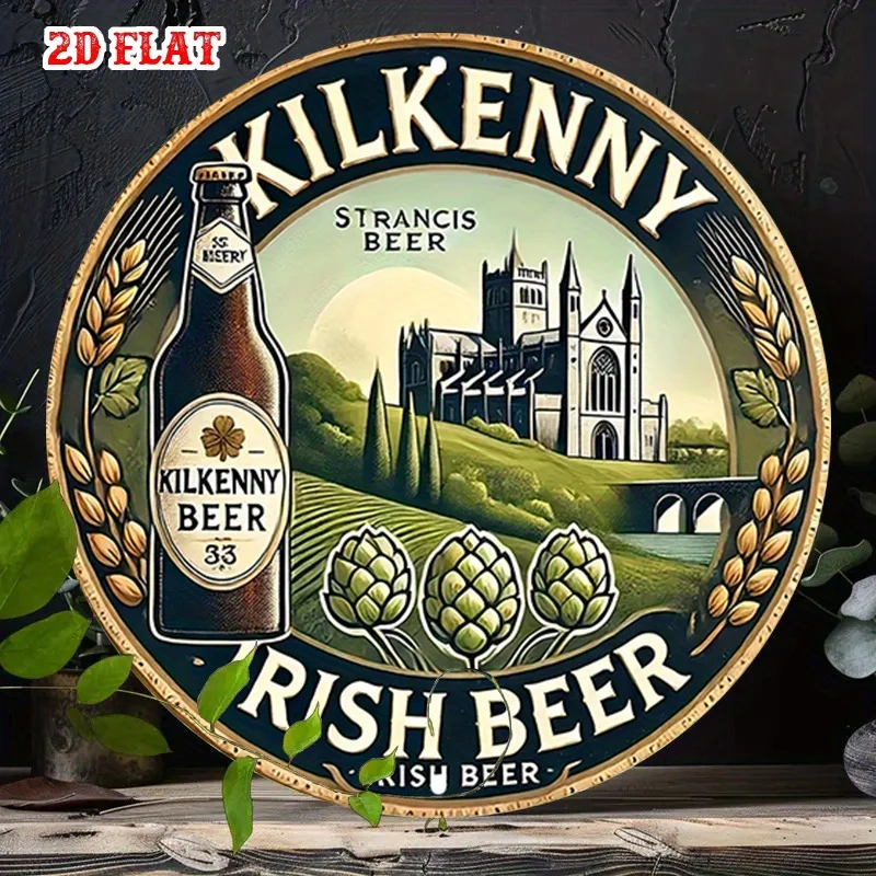Letrero Redondo Metálico Plano 2D de Cerveza Irlandesa Kilkenny - Decoración de Pared Metálica Vintage con Diseño de Etiqueta de Cerveza Irlandesa Stout para Man Cave, Bar, Pub, Cervecería