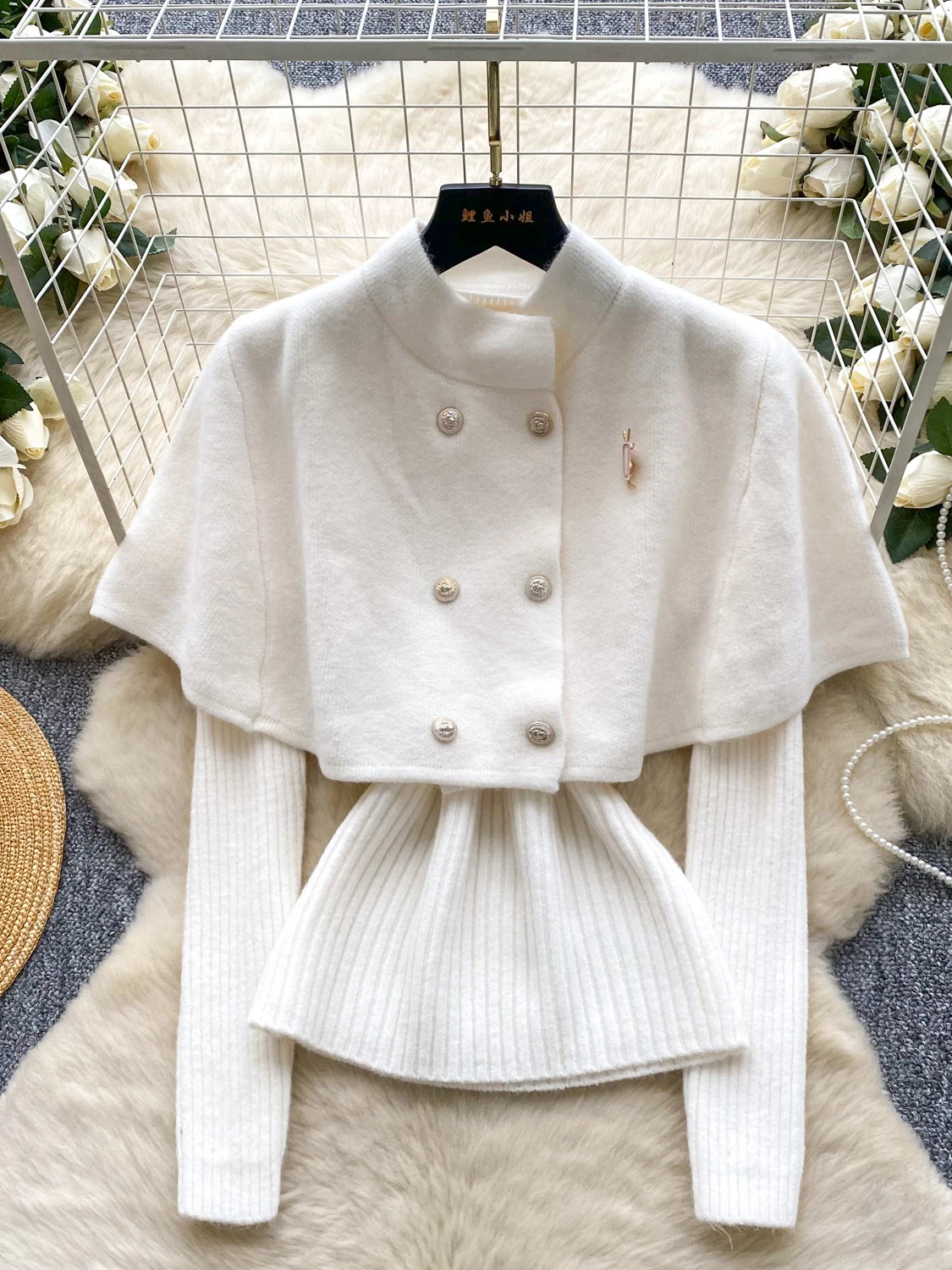 Retro Double-Breasted Cowl Neck Sweater Coat Women's Autumn Winter Long Sleeve Knitted Top Fashionable Elegant Lady Style