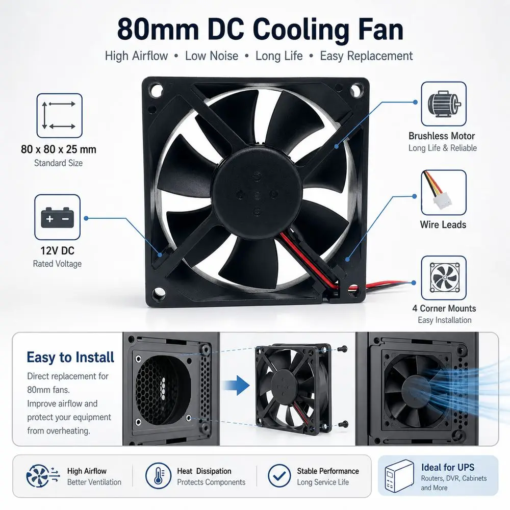 3Pin Cooling Fan Brushless Motor Wire Leads Brushless Fan Square Frame Black Axial Fan for EFC-08E12D-EF05/EF04
