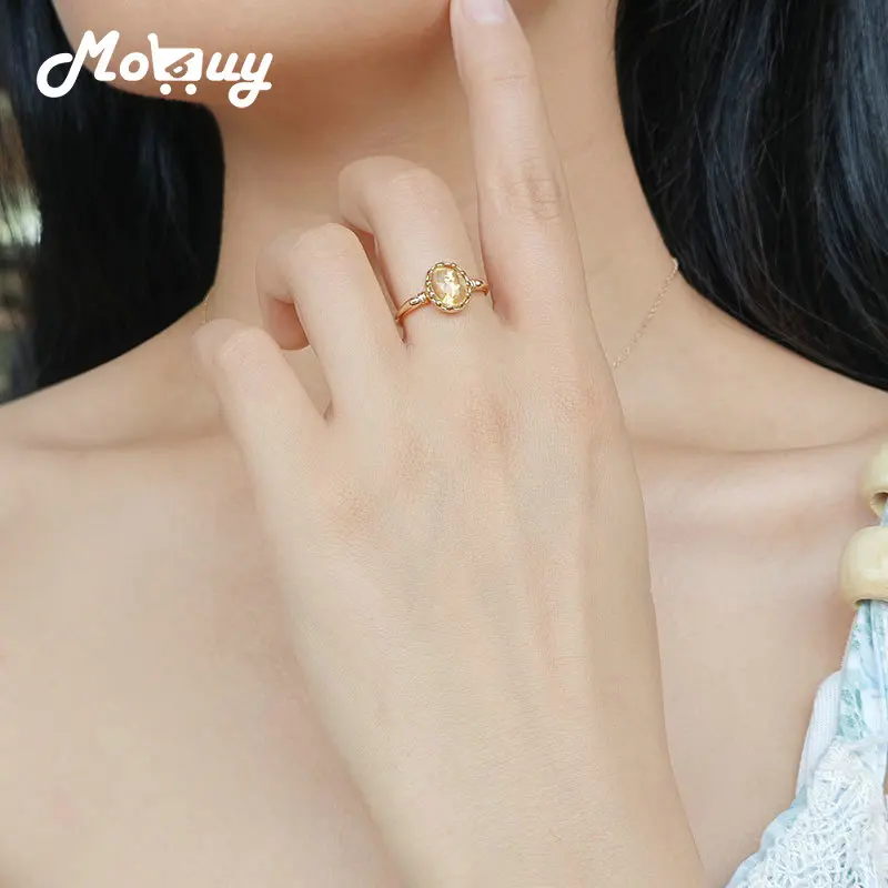 

MOBUY Natural Citrine Gemstone Ring For Women Luxury Elegant 925 Sterling Silver Gold Plated Engagement Party Fine Jewelry Gift