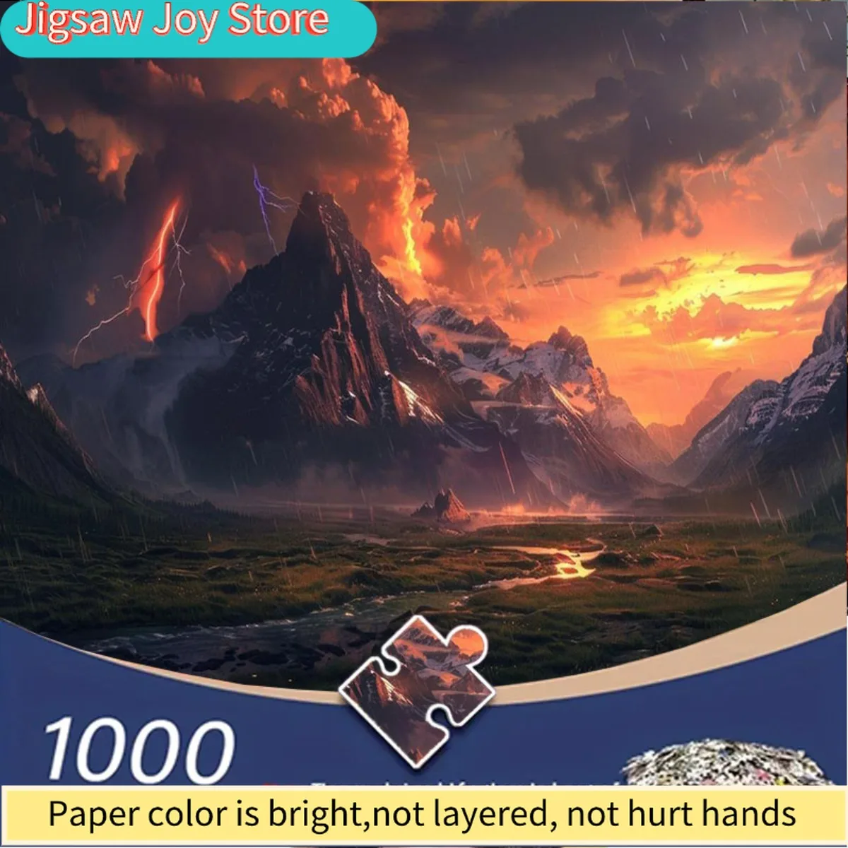 

Пазл для взрослых на 1000 элементов - Молнии мчатся по заснеженным вершинам под оранжево-красным закатом, дождь падает между них. P