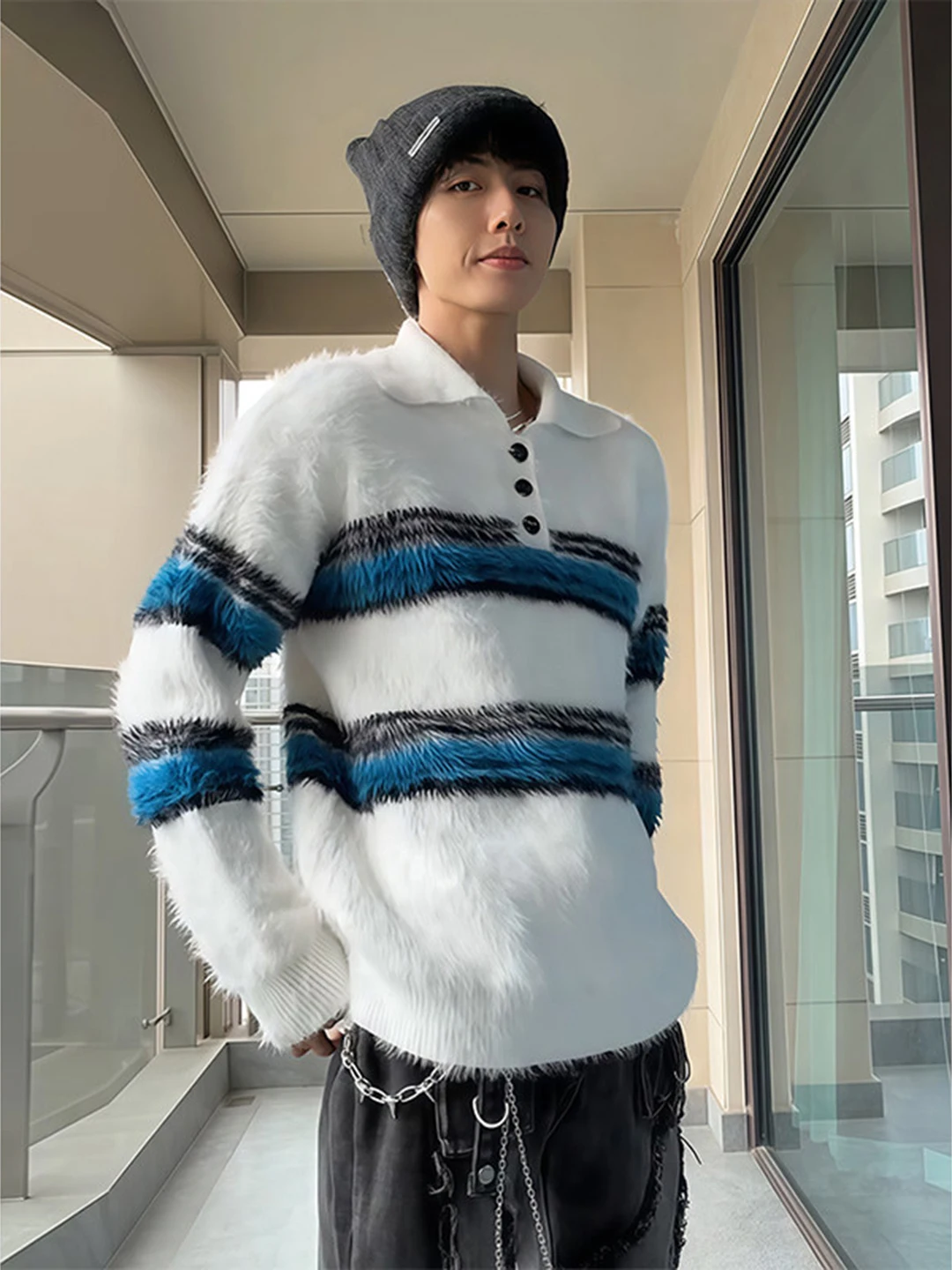 

Blue And White Striped Collared Men's Knitwear Soft Camere Winter Sweater Casual Sle Long Sve Comfortable Fit Streetwear