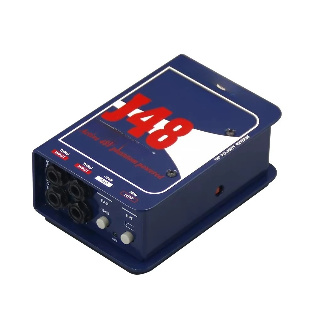Caja DI de Audio Profesional J48 de Doble Canal Estéreo con Alimentación Phantom de 48V, Conexión Directa Activa, Fabricada en Metal para Grabación en Estudio